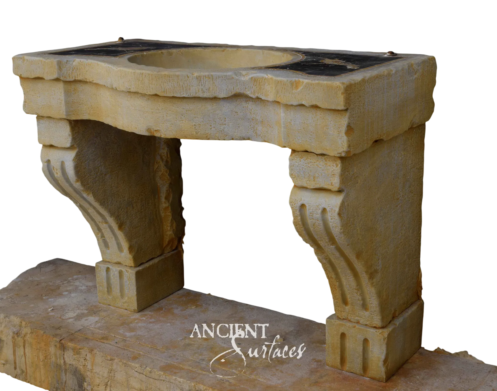 Golden reclaimed limestone sink with a round basin and black-marble border raised on scrolled corbel legs