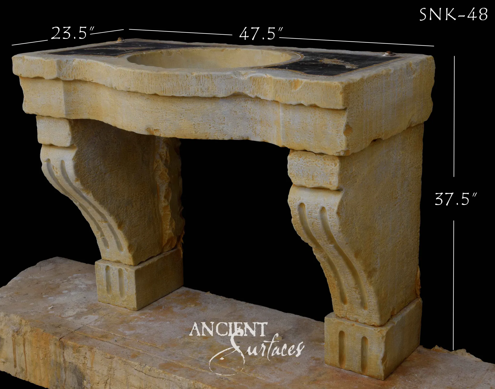 Golden reclaimed limestone sink with a round basin and black-marble border on scrolled corbel legs